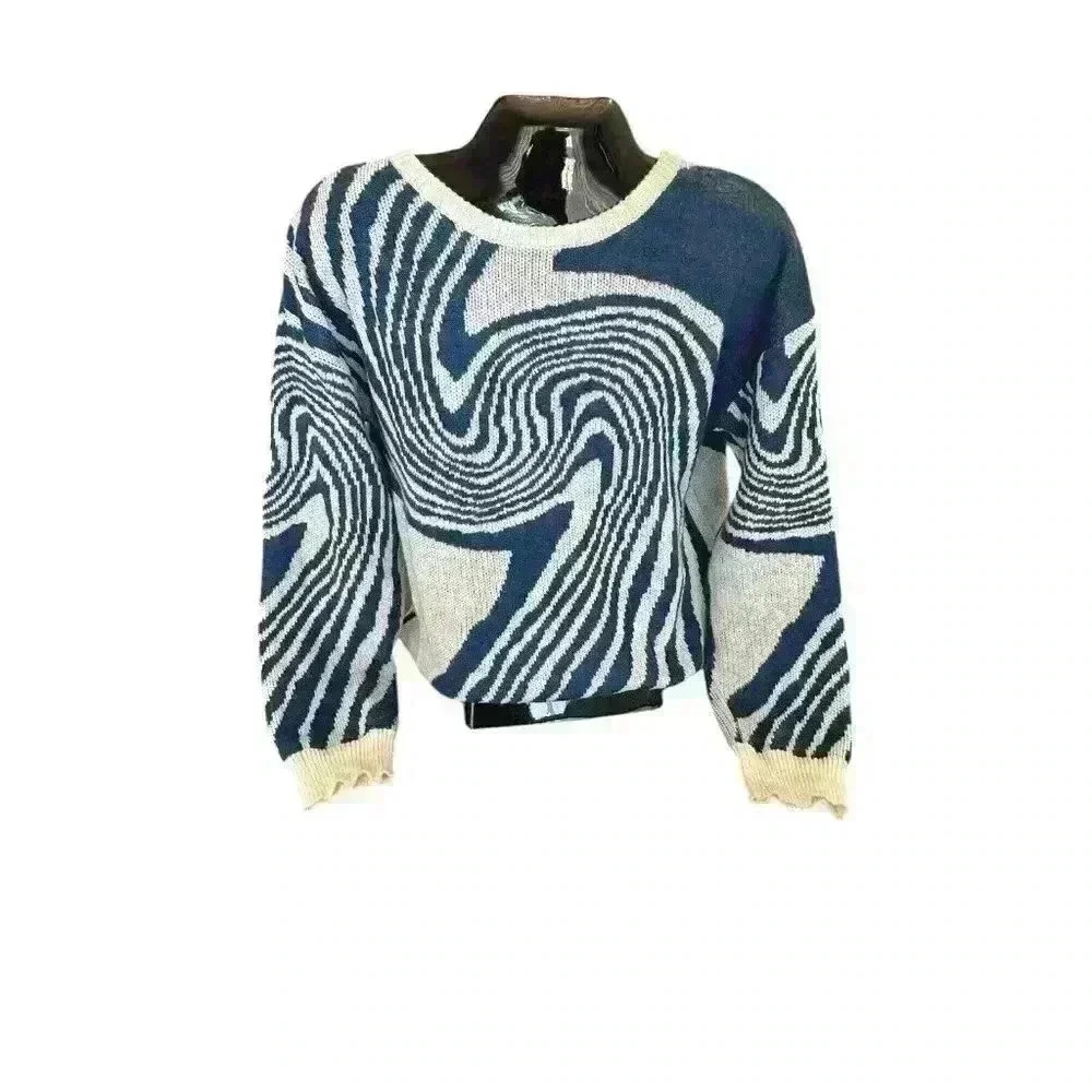 Women's Blue and White‎ Modern Geometric XXL 2LX Sweater Long Sleeve Crew Neck